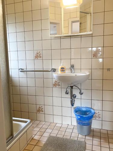 uma casa de banho com um lavatório e um balde azul em Monteurpension Monika em Marktheidenfeld