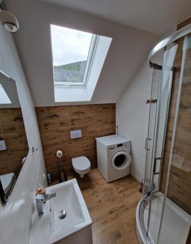 a bathroom with a sink and a toilet and a window at Domek Pod Klimczokiem in Bystra