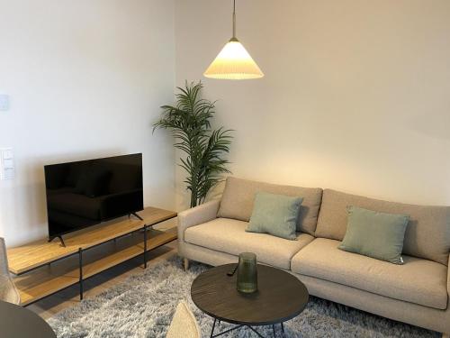 a living room with a couch and a tv at Valoisa kaksio järvinäköaloin in Tampere