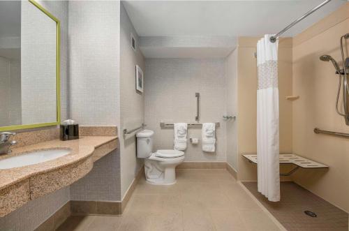 uma casa de banho com um WC e um lavatório em Hampton Inn & Suites Dallas-Allen em Allen