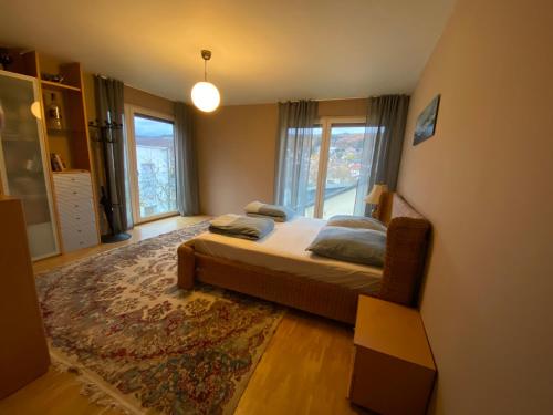 EppsteinにあるYour Sweet Home 2 Near Frankfurt /Wiesbadenのベッドと大きな窓のある寝室