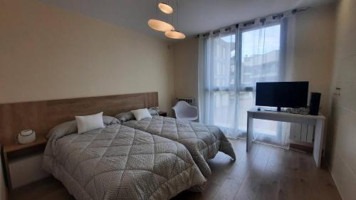 a bedroom with a bed and a flat screen tv at Dúplex Terraza Golf 3 Dormitorios 2 Baños in Sabiñánigo