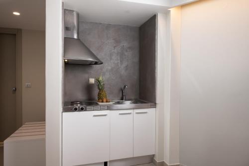 a kitchen with white cabinets and a sink at Olympic Star Beach Hotel in Nei Poroi
