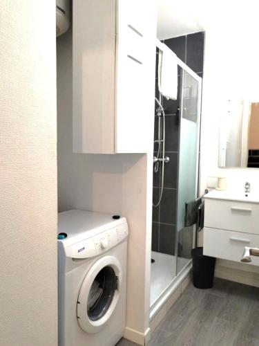 une salle de bain avec une machine à laver et un lavabo dans l'établissement A Deux Pas des Halles - Hypercentre - Idéal Couple, à Pau