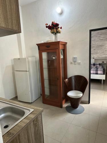 een keuken met een koelkast en een stoel met een vaas met bloemen bij Baï résidence in Cotonou