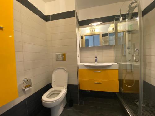 uma casa de banho com um WC, um lavatório e um chuveiro em Superbe 2 pièces TERRASSE / PISCINE / VUE / PARKING em Nice