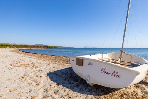 a boat sitting on the shore of a beach at Hotel Pedra Niedda in Budoni