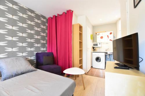 een woonkamer met een bed en een tv. bij Studio Cosy centre historique et au calme (3) in Montpellier