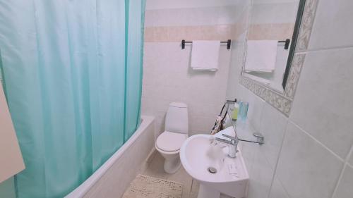y baño con aseo, lavabo y ducha. en STAY Naturaleza Penthouse, en Limassol