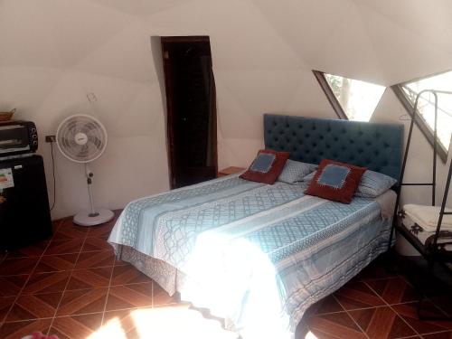 Schlafzimmer mit einem blauen Bett und roten Kissen in der Unterkunft Hermoso Domo privado para 2 personas con tinaja-Cochiguaz Valle De Elqui in Paihuano