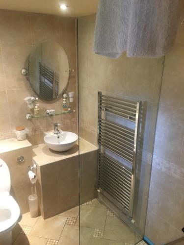 a bathroom with a sink and a shower with a mirror at Coxleigh House in Chesterfield