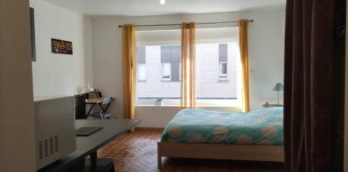 a bedroom with a bed and a desk and a window at STUDIO-COSY in Bourbourg