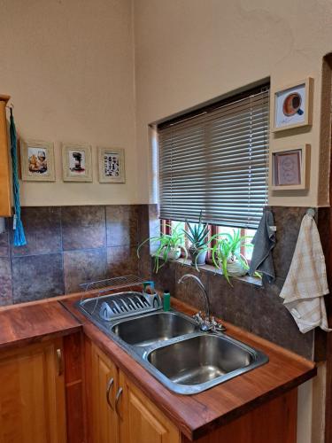 una cucina con lavandino in acciaio inossidabile e finestra di Home on a Hill Accommodation a Tzaneen