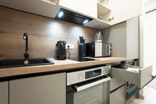 uma cozinha com um lavatório e um fogão forno superior em Modern apartment with a balcony near Belvedere em Viena