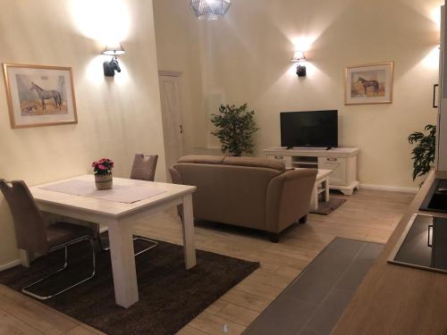 a living room with a couch and a table and a television at Ferienapartments Reitanlage Schenksolz in Schenklengsfeld