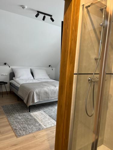 a bedroom with a bed and a glass door with a shower at Domek nad stawem in Krynica Zdrój