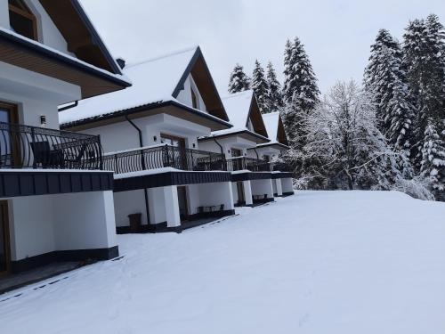 a row of houses covered in snow at Pienińska Rosa in Krościenko