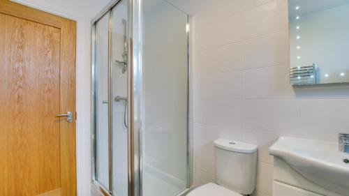 a bathroom with a shower and a toilet and a sink at Daffodil Cottage in Penclawdd