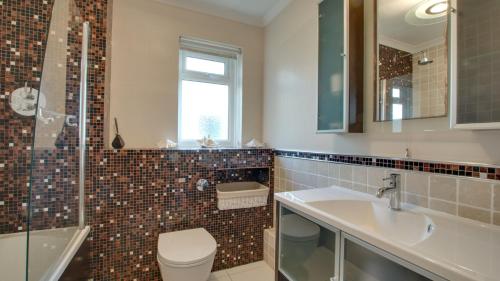 uma casa de banho com um WC, um lavatório e um chuveiro em St Leonards em Newton