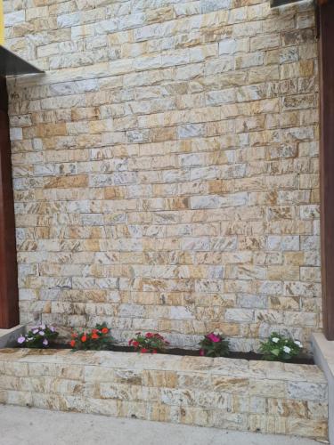 a brick wall with some flowers on it at Pousada Quatro Estações in Alto Paraíso de Goiás