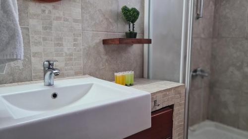 y baño con lavabo blanco y ducha. en STAY Antique Apartment en Lárnaca