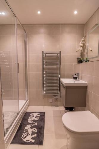 a bathroom with a shower and a toilet and a sink at Coastal Cove in Poole