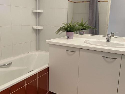 La salle de bains est pourvue d'un lavabo et d'une baignoire avec une plante. dans l'établissement Appartement T2 avec terrasse, parking et WIFI - FR-1-553-203, à Balaruc-les-Bains