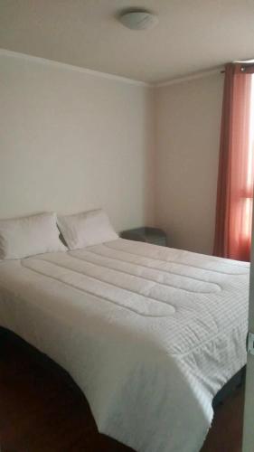 a large white bed in a bedroom with a window at Departamento Central Santiago in Santiago