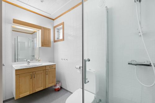 a bathroom with a shower and a sink and a toilet at Voss Resort Bavallstunet in Skulestadmo