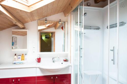 uma casa de banho com um lavatório e um chuveiro em Belle et Grande demeure prés de La Rochelle em Sainte-Soulle