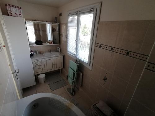 a bathroom with a tub and a sink and a mirror at PAVILLON PROCHE RER et DisneyLand in Gagny