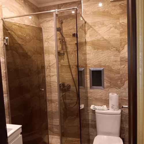 uma casa de banho com um chuveiro e um WC. em Апартамент МИА em Plovdiv