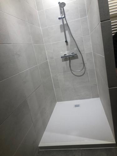 La salle de bains est pourvue d'une douche avec un pommeau de douche. dans l'établissement Gîte La Baronnière, à Vouzon