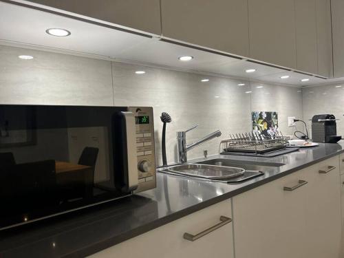 uma cozinha com um micro-ondas e um lavatório em LabPark Relax Apartment em Melano