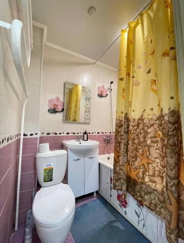 y baño con aseo y cortina de ducha. en Сокол en Petropavlovsk