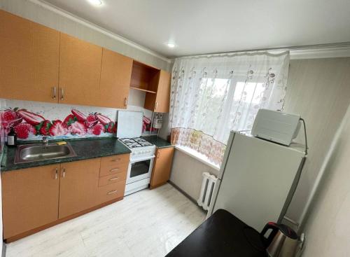 a small kitchen with a sink and a refrigerator at Сокол in Petropavlovsk