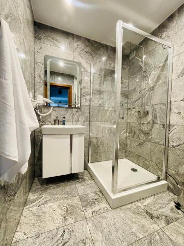 a bathroom with a shower and a sink at Apartamenty Stasikówka in Poronin