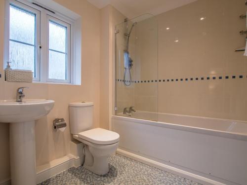 a bathroom with a toilet and a shower and a sink at 3 bed in Bampton 77931 in Bampton