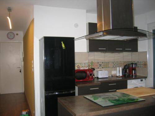 eine Küche mit einem schwarzen Kühlschrank und einer Theke in der Unterkunft les agrumes in Amélie-les-Bains-Palalda