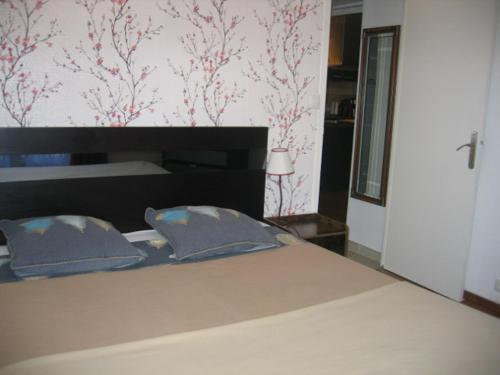 ein Bett mit zwei blauen Kissen in einem Schlafzimmer in der Unterkunft les agrumes in Amélie-les-Bains-Palalda