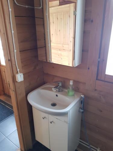 La salle de bains est pourvue d'un lavabo et d'un miroir. dans l'établissement Villa Vaskela, à Virrat