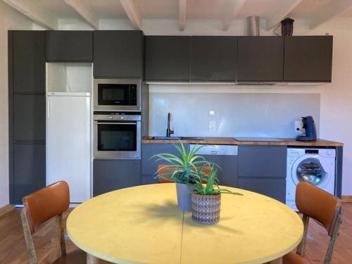 une cuisine avec une table jaune avec une plante dessus dans l'établissement La maisonnette de Naomi, à Coutances