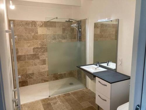 a bathroom with a shower and a sink and a mirror at La maisonnette de Naomi in Coutances