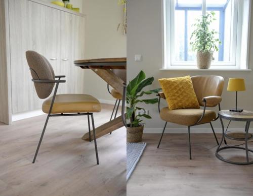 two views of a living room with a chair and a piano at B&B De Korenbloem in Noordbroek