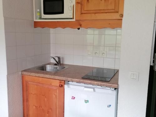 una pequeña cocina con fregadero y microondas en Appartement Saint-François-Longchamp, 1 pièce, 2 personnes - FR-1-635-32 en Saint-François-Longchamp