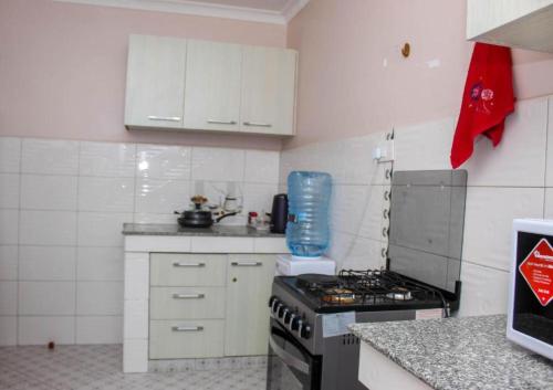 a small kitchen with a stove and white cabinets at One Bedrooms & Studios at Ngong Rd in Nairobi