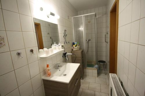 uma casa de banho branca com um lavatório e um chuveiro em Nichtraucher-Fewo-Ebert-Green em Neudorf