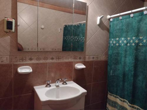 ein Bad mit einem Waschbecken, einem Spiegel und einer Dusche in der Unterkunft Dino's Ranch in Villa El Chocón