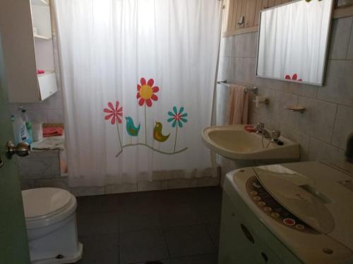 a bathroom with a sink and a toilet and a shower curtain at Cabaña Los Alpes in Curacautín