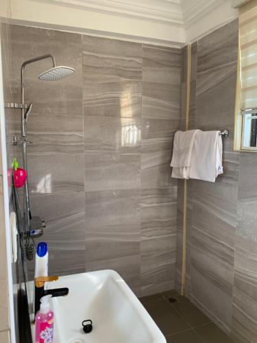 La salle de bains est pourvue d'un lavabo blanc et d'une douche. dans l'établissement CRL Apartment, à Tema